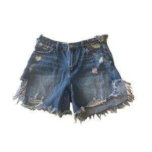 Vert High Rise Denim Cut off Slit Shorts, Medium
